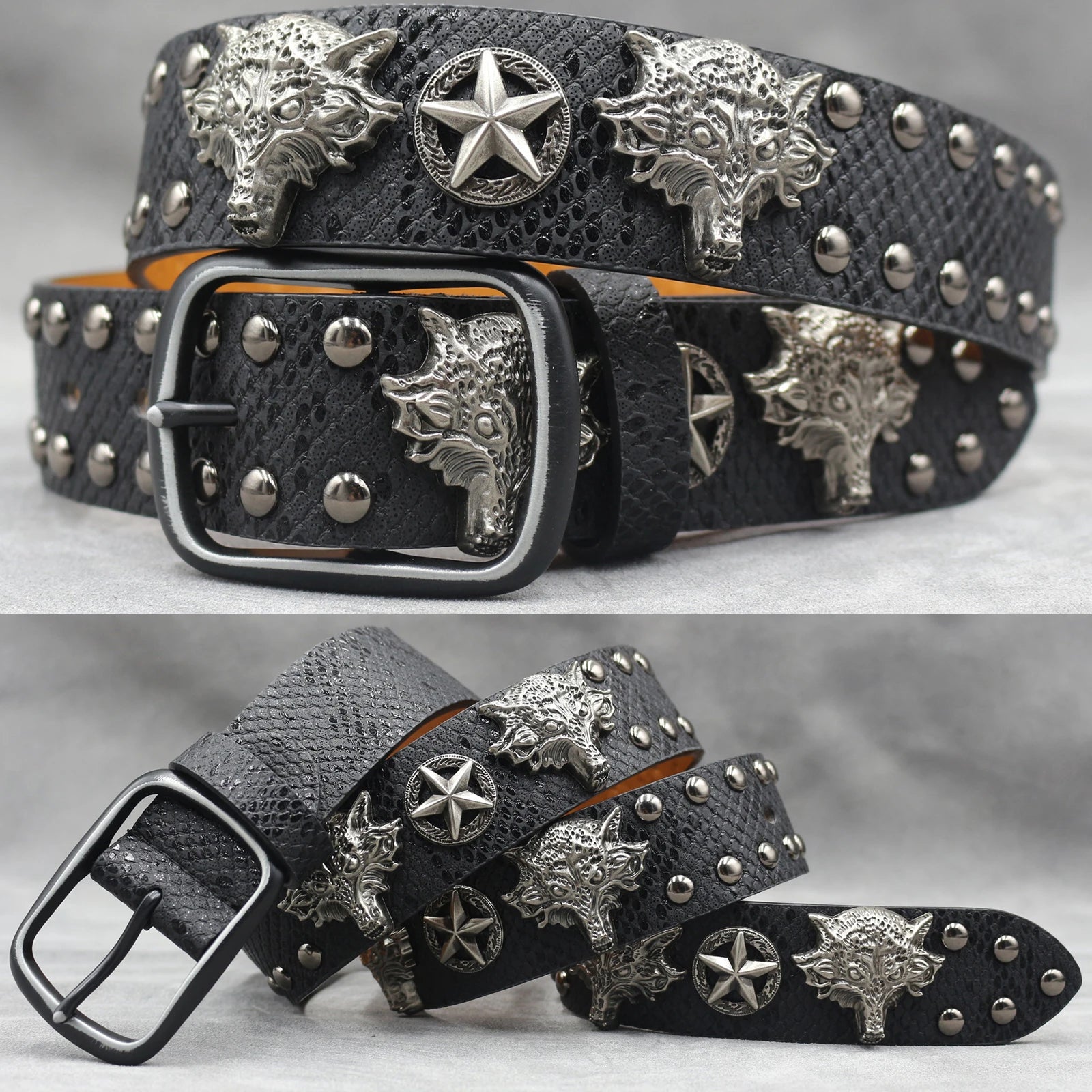 Fashion Wolf Rivet Belt – Studded Skull Punk Rock belt LUNARITY GARAGE Black 105CM