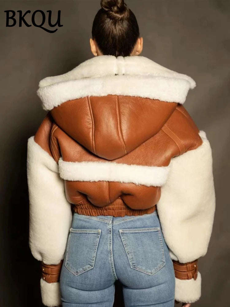 Leather Patchwork Lamb Wool Hooded Jacket Women Thick Warm Crop Coats Coats LUNARITY GARAGE