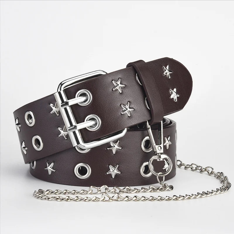 Goth Star Chain Eye Rivet Belt – Double Pin Buckle Punk Festival Party Belt belt LUNARITY GARAGE With chain 110cm