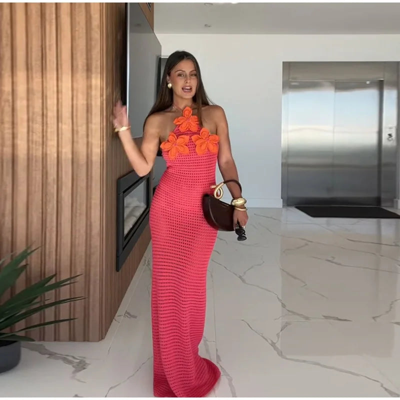 Fashion Halter Flower Knitting Long Dress | Sleeveless Lace Up Backless Robe 2025 Summer Elegant Female Beach Dresses Dress LUNARITY GARAGE