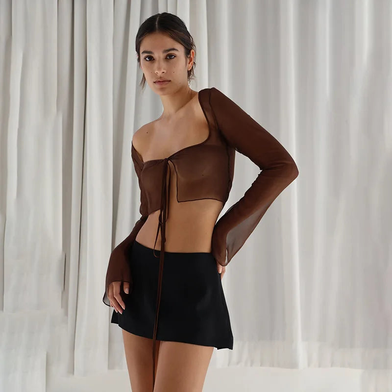 Vintage Aesthetic Y2K Mesh Crop Top – Lace-Up Long Sleeve Grunge T-Shirt for Women crop top Lunarity Garage