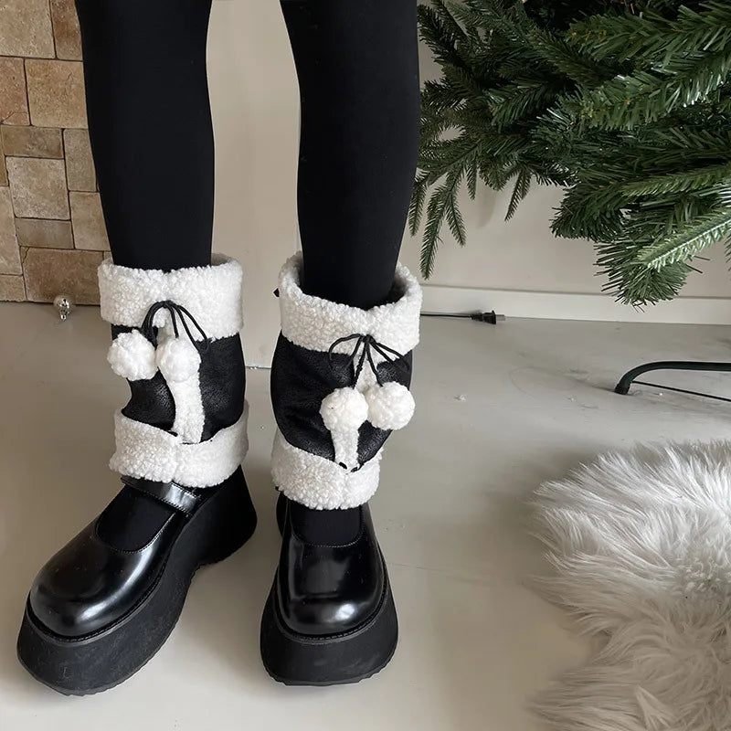 Punk Thickened Lamb’s Wool Suede Leg Warmers – Y2K Winter Knee Warmers with Plush Fur Ball Detail Leg Warmers LUNARITY GARAGE   