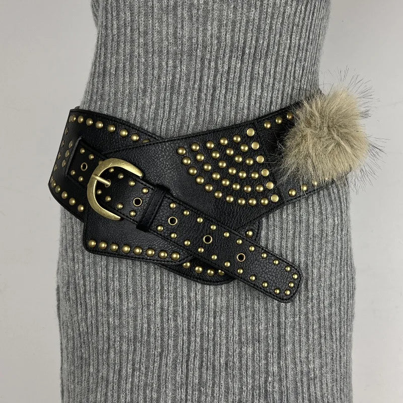 Punk Studded Fur Belt - Vintage Cowgirl Y2K Gothic Waistband for Night Club Dress Belt LUNARITY GARAGE Black 180X5cm