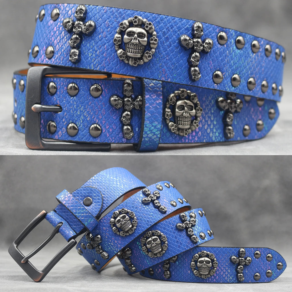 Y2K Metal Punk Rock Rivet Belt – Skull Studded Goth Style (3.8cm) belt LUNARITY GARAGE Blue 105CM
