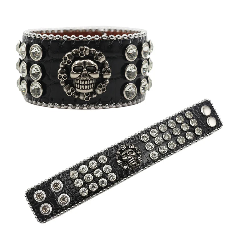 Exquisite Crystal Rhinestone Skull Cross Bracelet – PU Leather Party Jewelry Bracelets LUNARITY GARAGE KLT-White