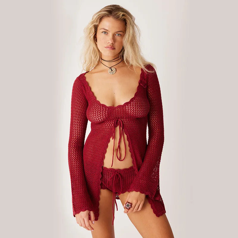 Mesmerizing Summer Nights: The Sexy Knit Hollow Out Beach Dress cover ups LUNARITY GARAGE Maroon S