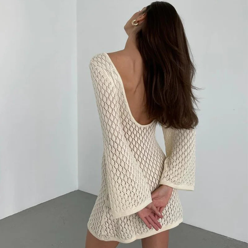 Long Sleeve Cut Out Backless Crochet Knitted Tunic | Beach Cover-Up Dress for Women cover up LUNARITY GARAGE