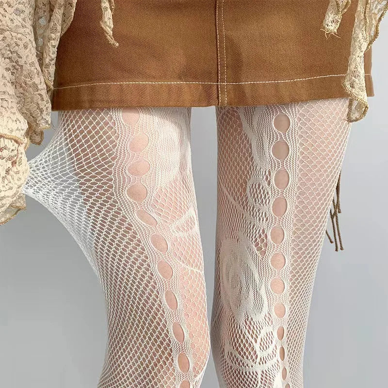 Y2K Rose Lace Mesh Fishnet Pantyhose Socks Lunarity Garage White