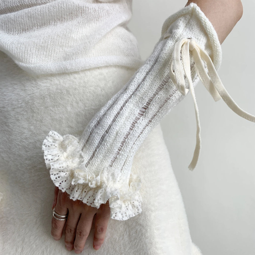Y2K Lace Knit Fingerless Gloves with Tied Cuffs – Punk Women’s Strap Hand Sleeves, Gothic Lolita & JK Style Accessories Gloves LUNARITY GARAGE   