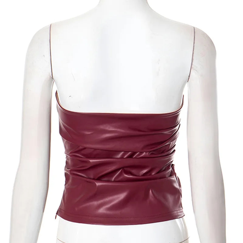Wine Red Strapless Leather Top – Sexy Slim Fit Party Top Tops LUNARITY GARAGE