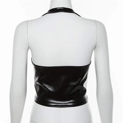 Sexy Punk Y2K Black PU Leather Crop Top Womens Backless Camisole crop top LUNARITY GARAGE