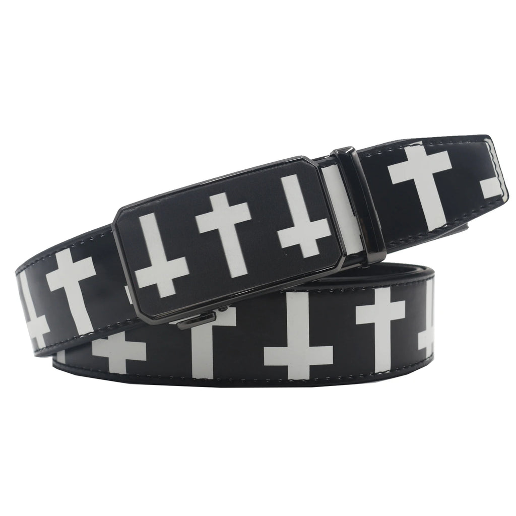 Elegant Hip Hop Automatic Buckle Belt – Luxury Vintage Print (3.5cm) belt LUNARITY GARAGE Cross-Black 90cm