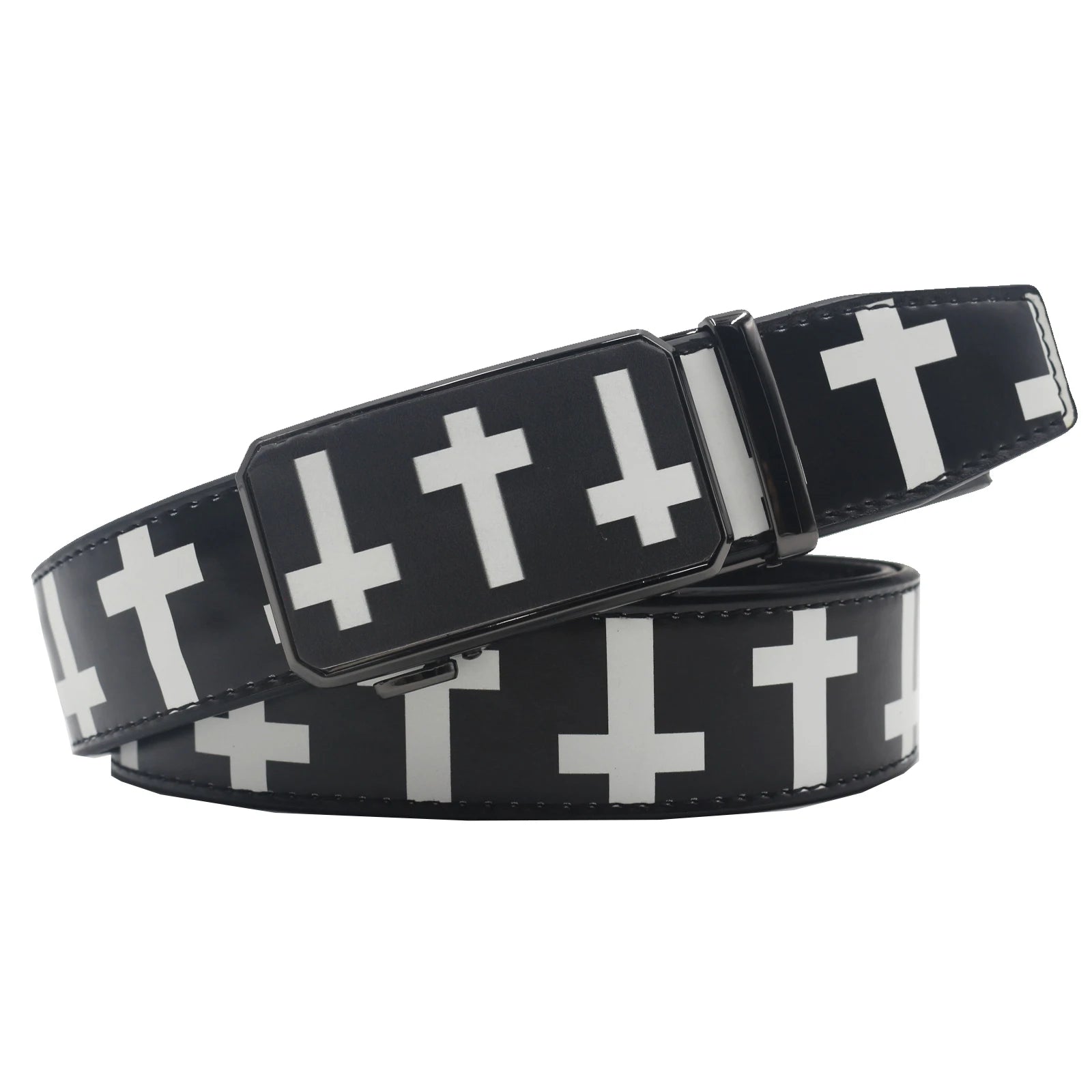 Elegant Hip Hop Automatic Buckle Belt – Luxury Vintage Print (3.5cm) belt LUNARITY GARAGE Cross-Black 90cm
