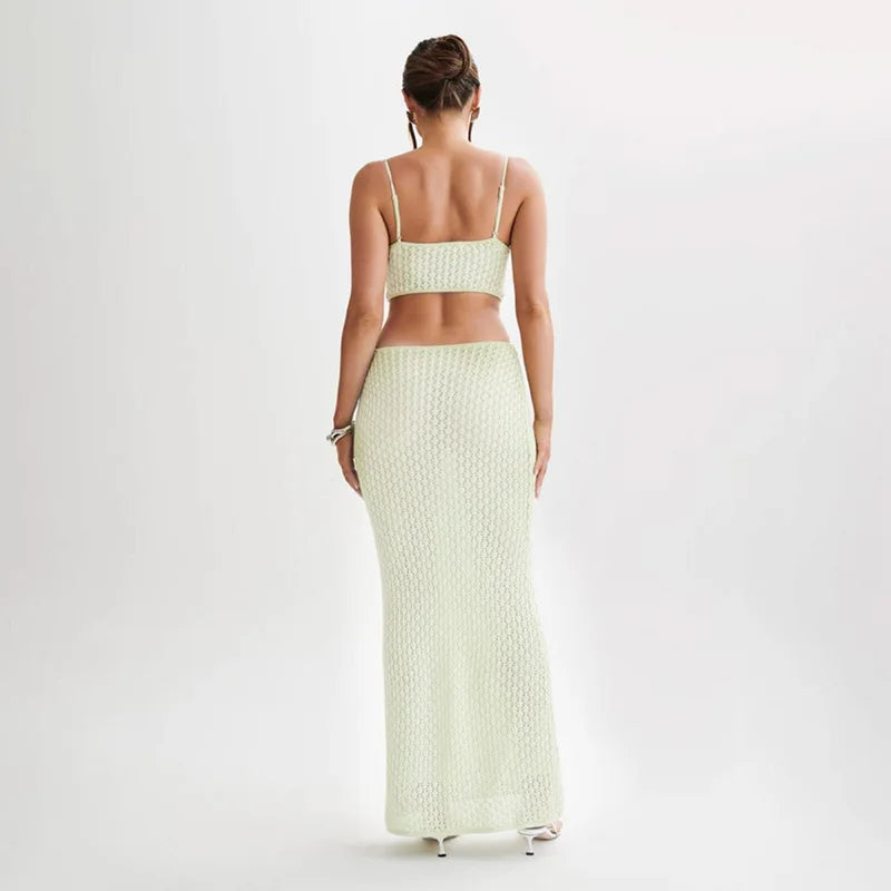 Women Long Knitted Beach Dress - Hollow Out Deep V-Neck Sleeveless Bikini Cover Up Fall Backless Holiday Dress beach dress LUNARITY GARAGE