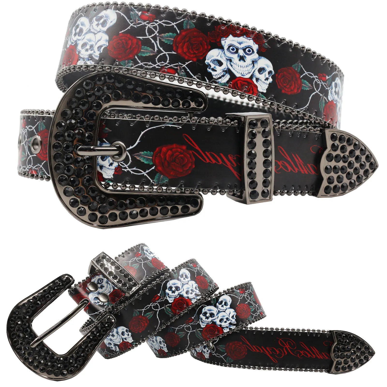 Punk Black Rhinestone Belt – Y2K Western Cowboy Designer Belt belt LUNARITY GARAGE Skull flower 105CM