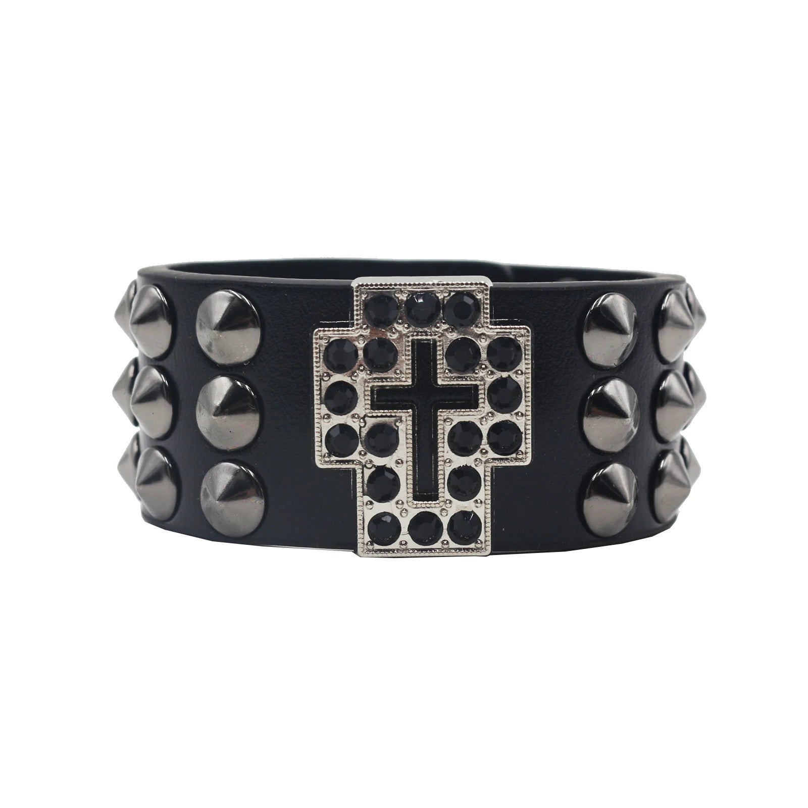 Skull Cross Rivet Wide Cuff Bracelet – Genuine Leather Punk Rock Bangle Bracelets LUNARITY GARAGE Cross02