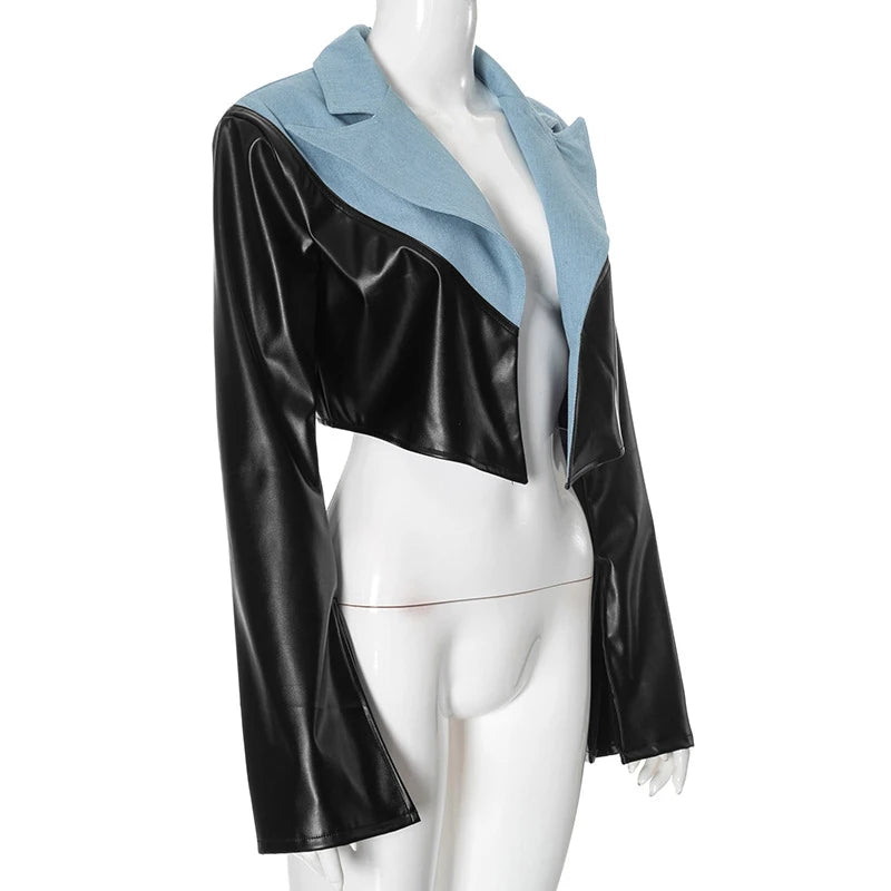 PU Leather Patchwork Denim Crop Jacket – High Street Trendsetter for Women Jackets LUNARITY GARAGE