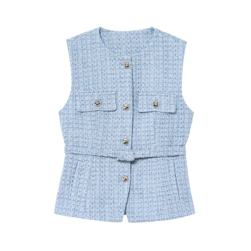 Women's Chic O-Neck Sleeveless Texture Vest Top | Elegant Button Pockets Casual Waistcoat Tops LUNARITY GARAGE Sky Blue XS