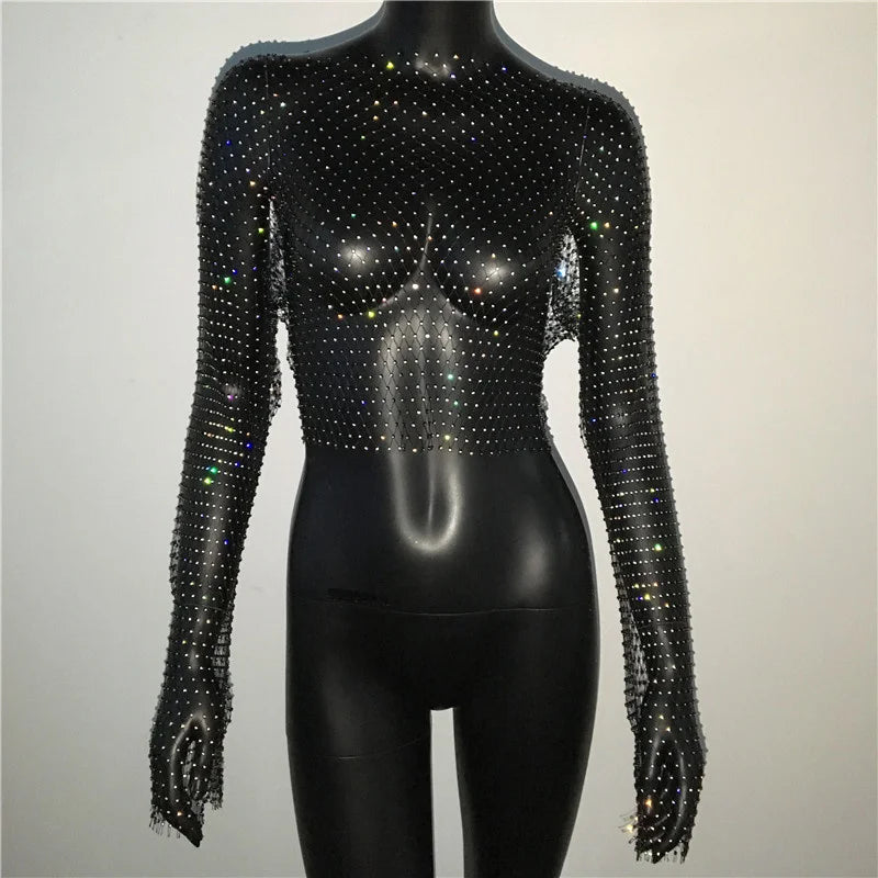 Glitter Rhinestone Fishnet Crop Top – Festival-Ready Sparkle crop top Lunarity Garage