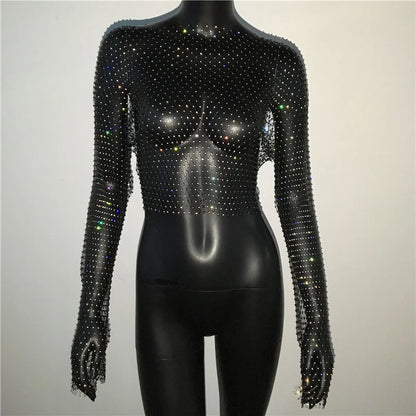 Glitter Rhinestone Fishnet Crop Top – Festival-Ready Sparkle crop top Lunarity Garage