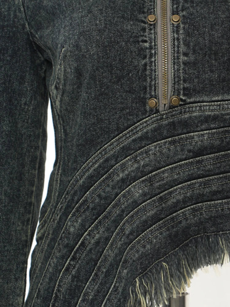 Denim Coat Lapel Zipper Short Patchwork Washed Tassel Slim Streetwear Jacket jackets LUNARITY GARAGE