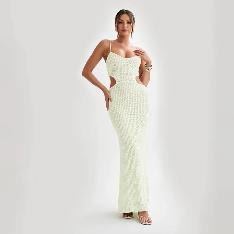 Women Long Knitted Beach Dress - Hollow Out Deep V-Neck Sleeveless Bikini Cover Up Fall Backless Holiday Dress beach dress LUNARITY GARAGE