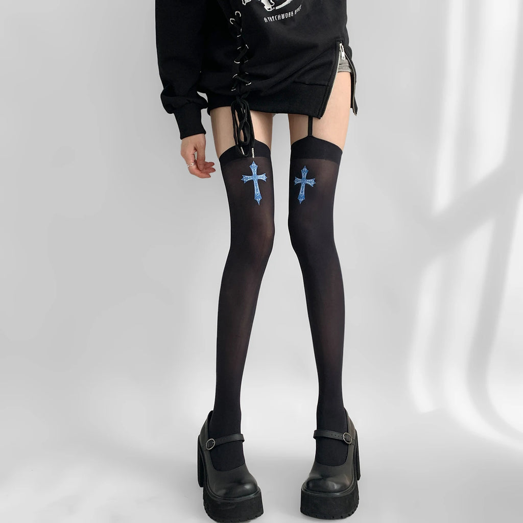 Cross Garter Gothic Thigh High Stockings – Sexy Lace Suspender Pantyhose for Women, Cosplay Tights, and Lingerie Stockings LUNARITY GARAGE   