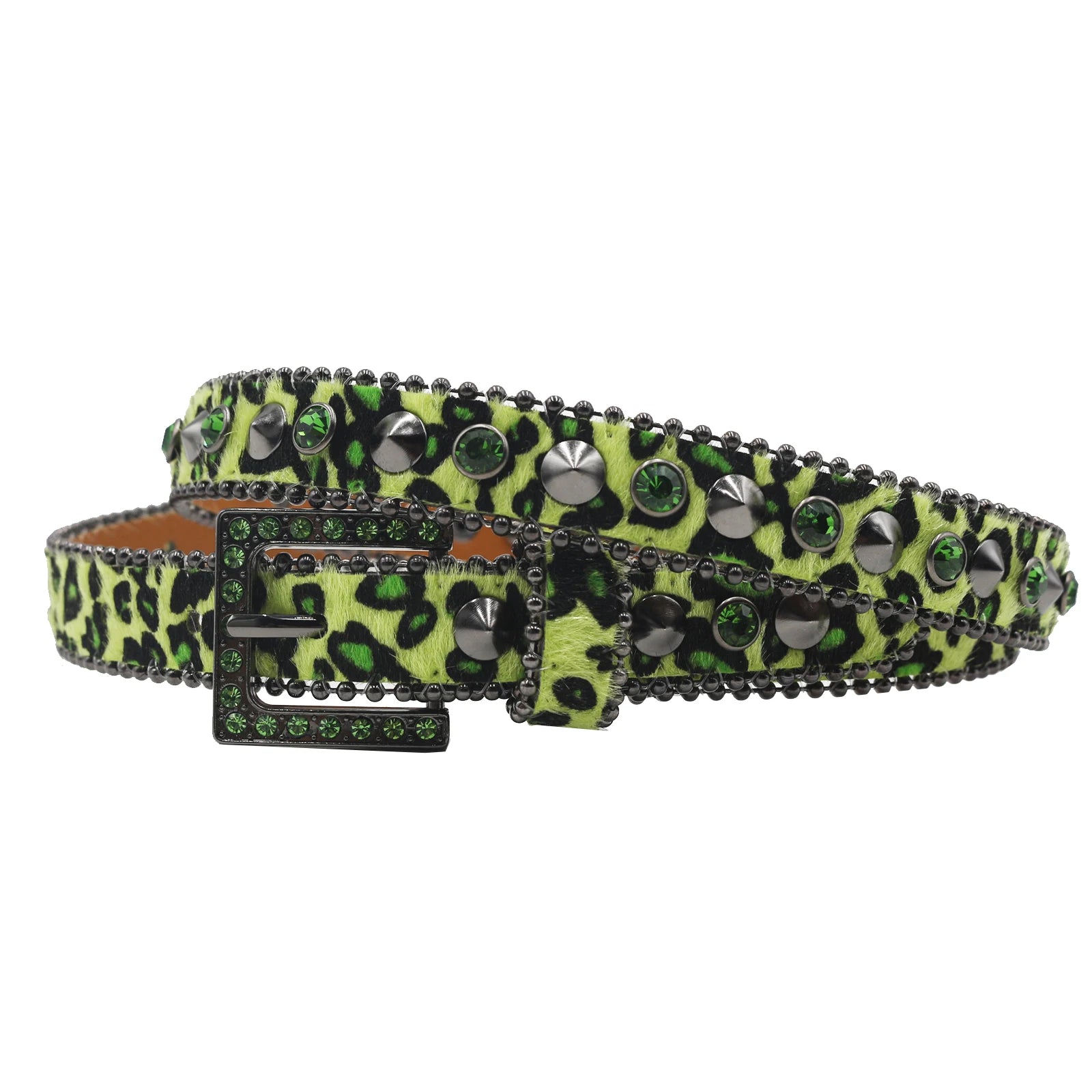 Women’s Rhinestone Leopard Belt – Western Crystal Square Buckle belt LUNARITY GARAGE BW-Green 95CM