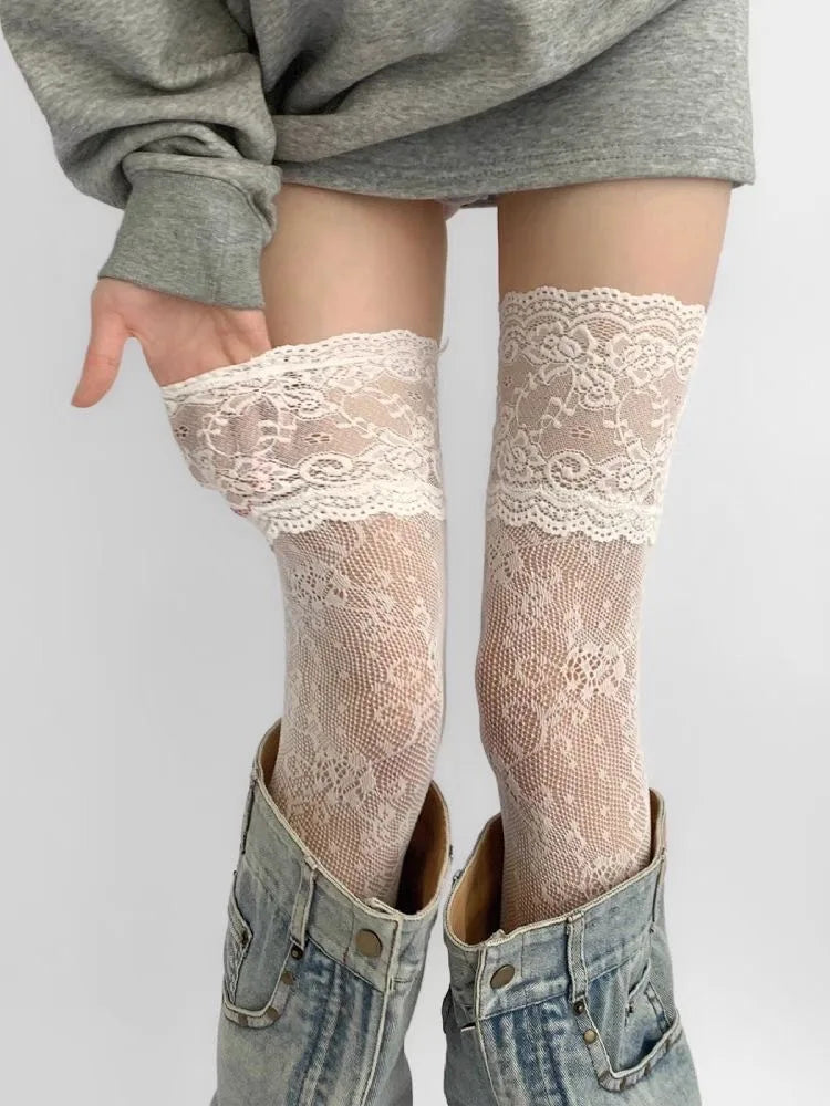 Women’s Lace Trim Nylon Fishnet Stockings – Retro Floral Mesh Thigh High Stockings LUNARITY GARAGE White One Size