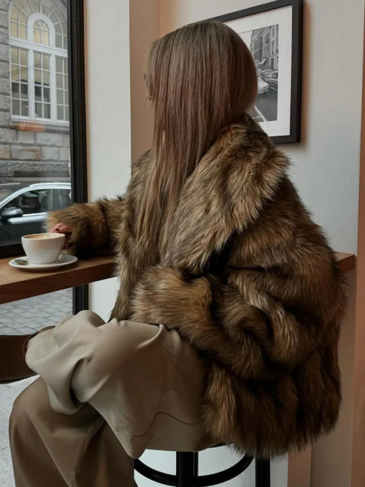 Winter Luxury Lapel Thicken Fluffy Fur Coat – Chic Brown Oversized Plush Jacket Jackets LUNARITY GARAGE