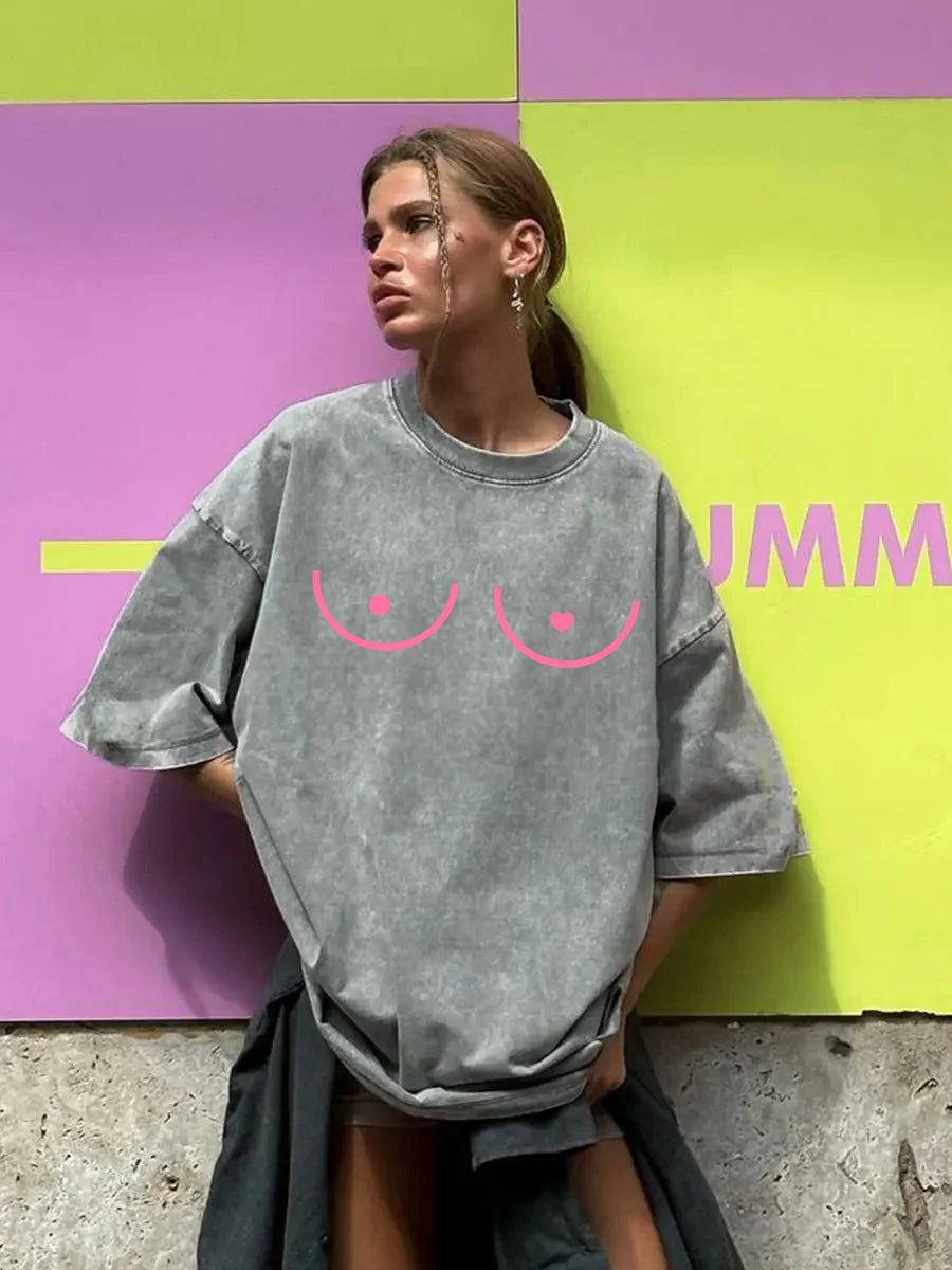 Heart Graphic Washed Cotton T-Shirt - Y2K Loose Retro Short Sleeve Tee Tshirt LUNARITY GARAGE Gray S