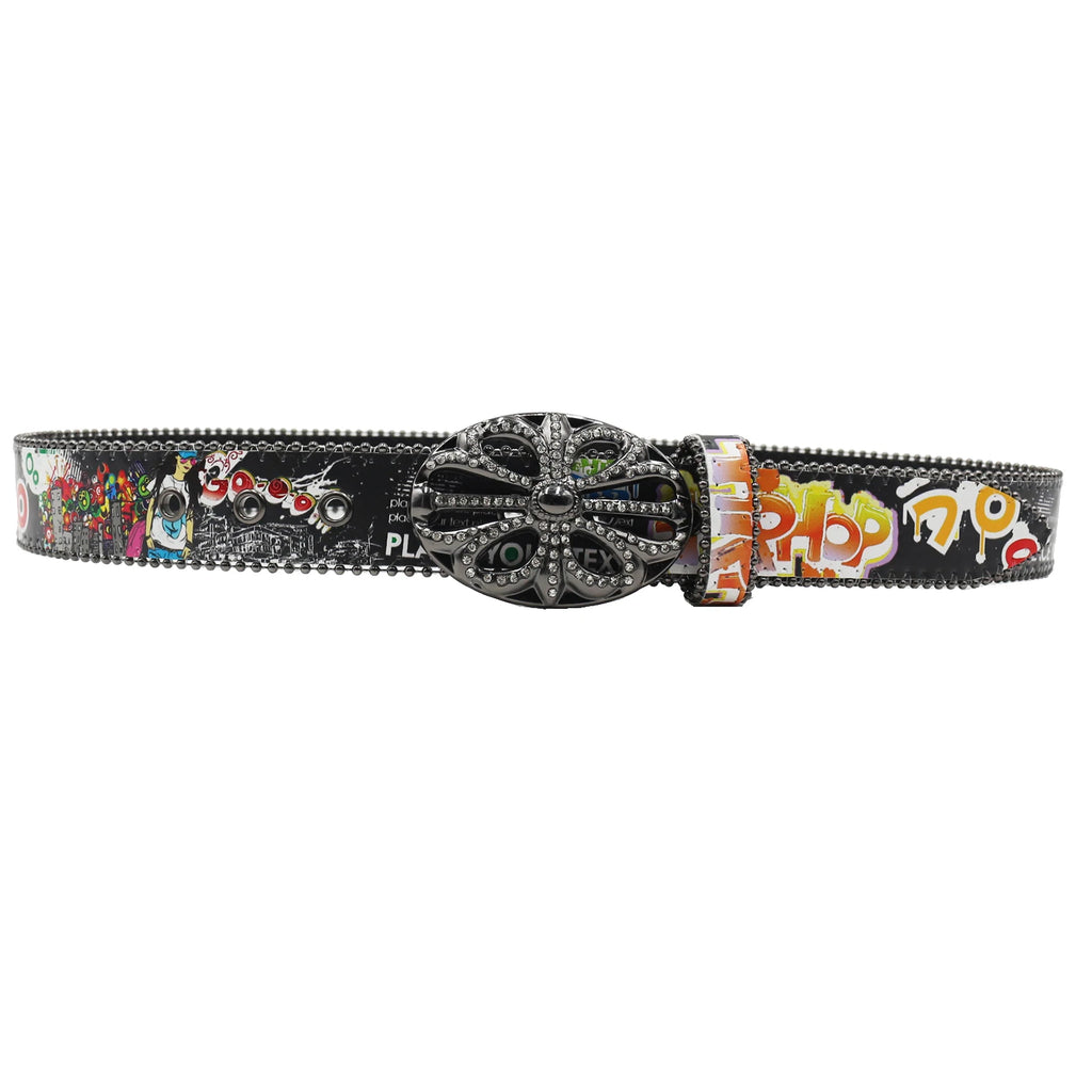 Bohemia Hip-Hop Graffiti Print Rhinestone Belt – Cowgirl & Cowboy Bling belt LUNARITY GARAGE