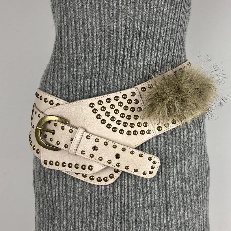 Punk Studded Fur Belt - Vintage Cowgirl Y2K Gothic Waistband for Night Club Dress Belt LUNARITY GARAGE Cream White 180X5cm