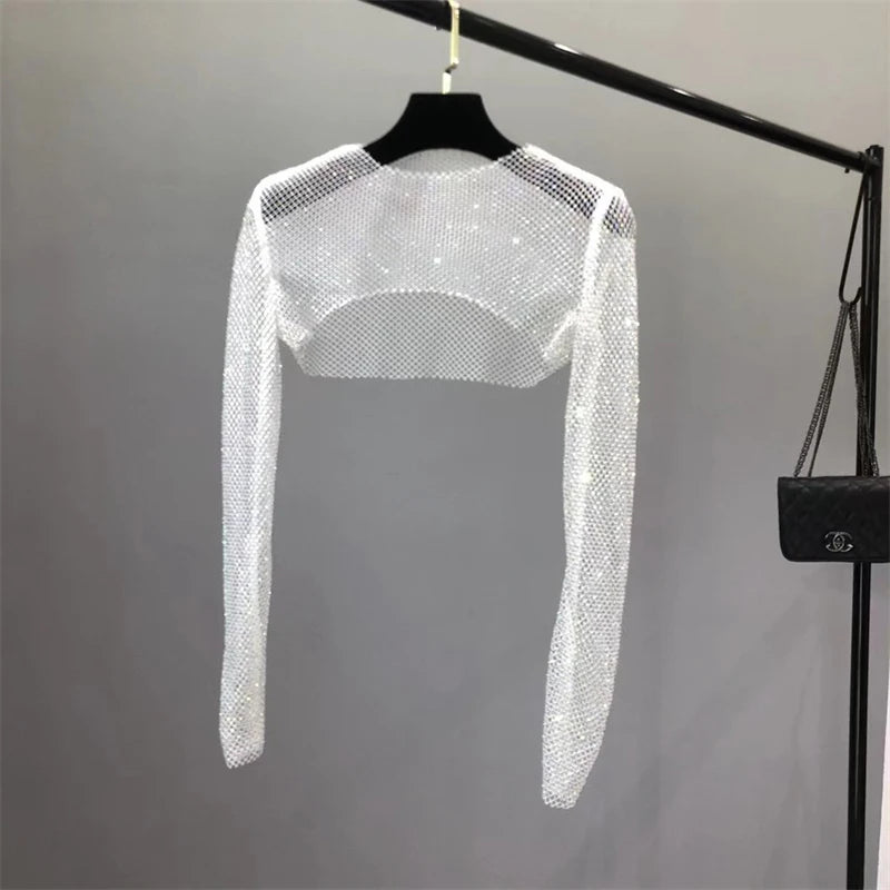Handmade Women Glitter Diamante Crop Top Sexy Hollow Out Crop Tops Clubwear Short Tank Tops Black Shining Tube Vest Diamonds Top Rhinestone Crop Top LUNARITY GARAGE White-20cm One Size