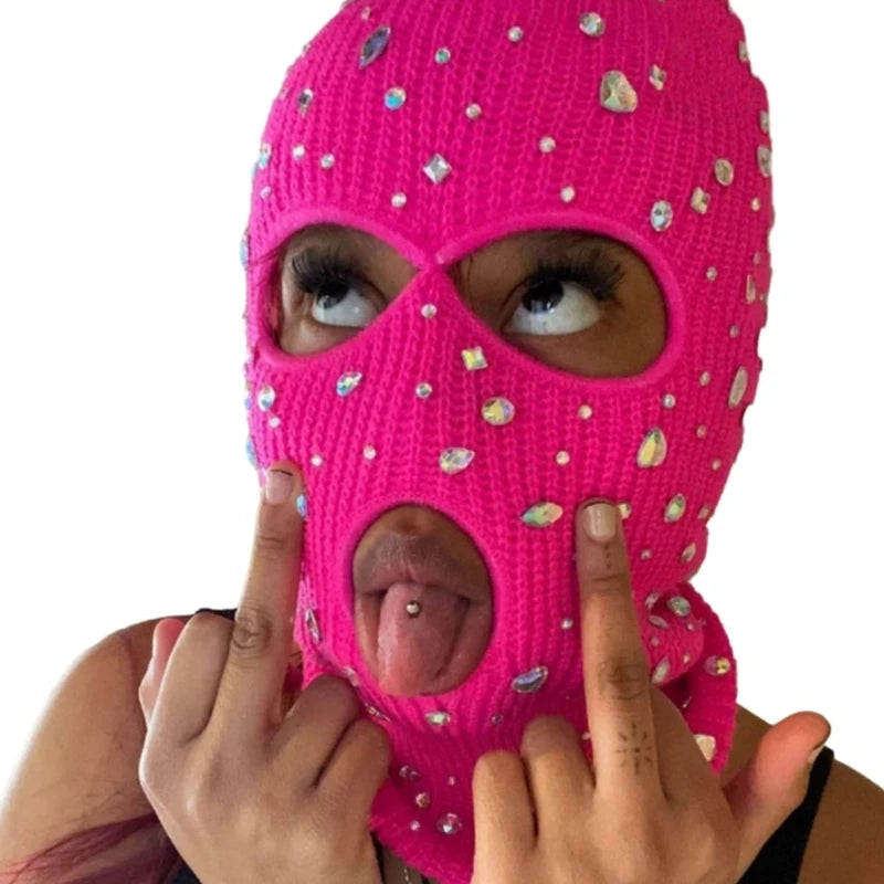 Bling Bling Jeweled Balaclava – Rhinestone Face Cover & Hooded Neck Warmer Balaclavas LUNARITY GARAGE Rose Red