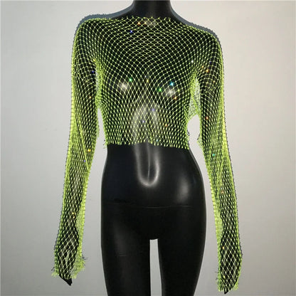 Glitter Rhinestone Fishnet Crop Top – Festival-Ready Sparkle crop top Lunarity Garage One Size Green