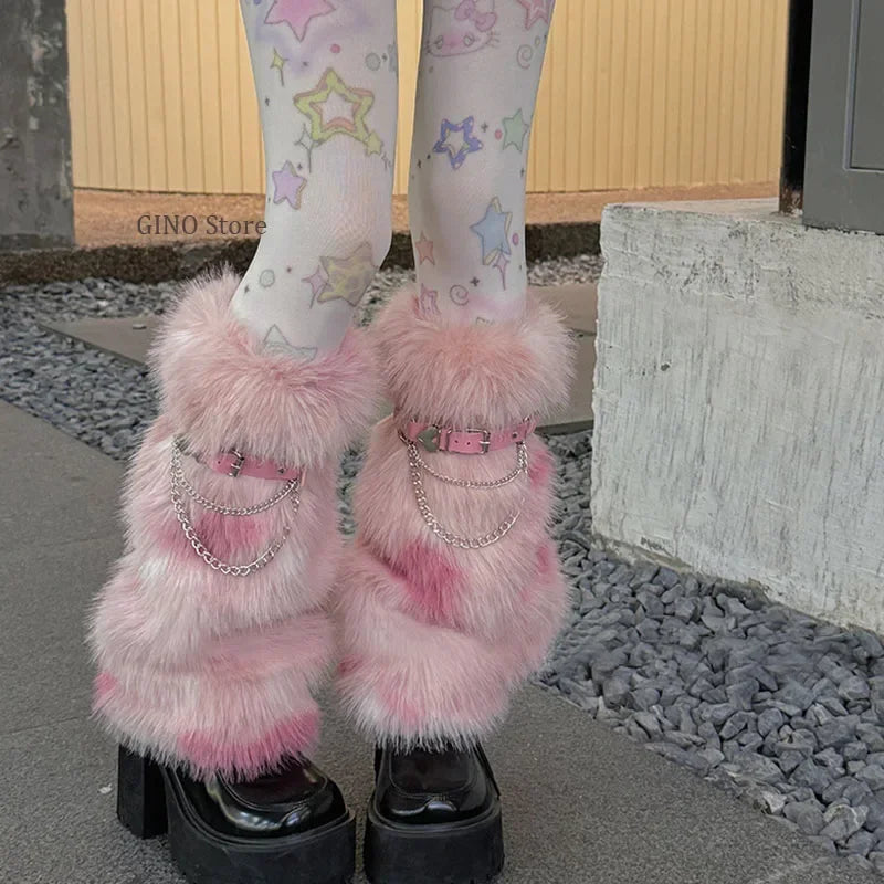 Winter Leopard Print Faux Fur Leg Warmers – Y2K Plush Punk Chain PU Belt, Harajuku Thickened Boots Cover, Fluffy Socks Leg warmer LUNARITY GARAGE pink belt 40cm