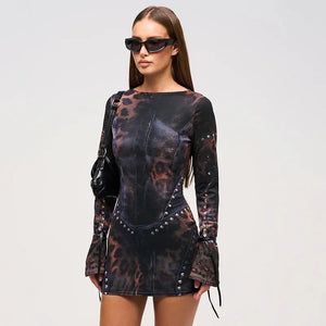 Vintage Print Sexy Bodycon Mini Dress - Autumn Winter Long Sleeve Party Dress Dress LUNARITY GARAGE S Black