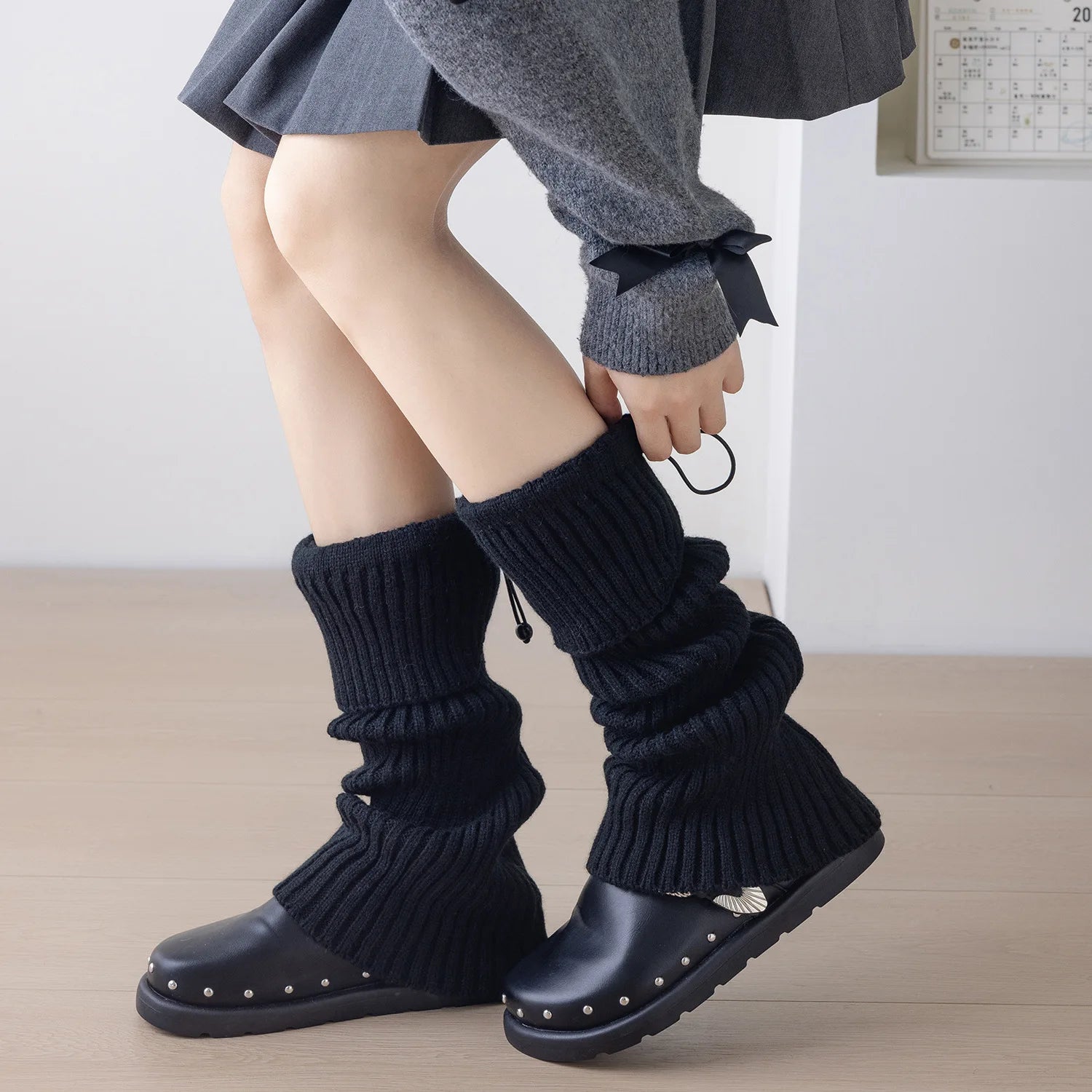 Elastic Drawstring Knitted Leg Warmers – Y2K Winter Calf Socks for Women, Korean JK Style Leggings Leg Warmers LUNARITY GARAGE Black 43cm