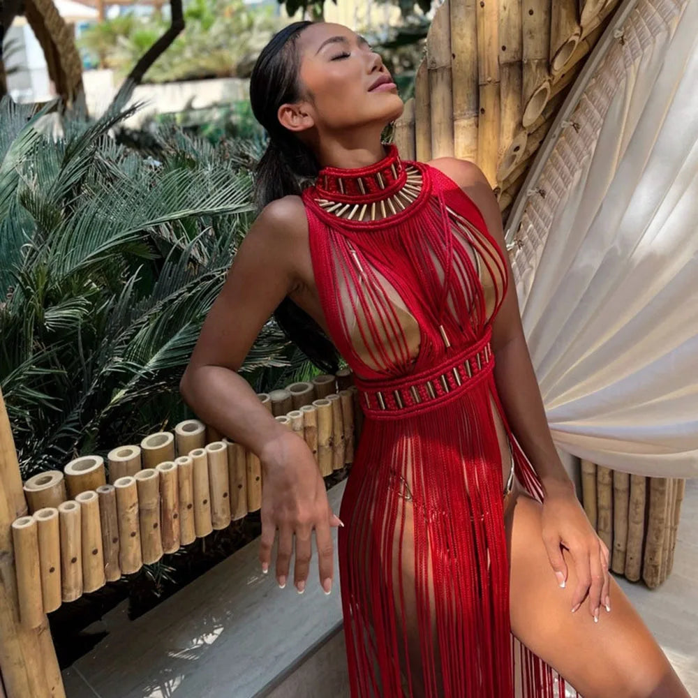Women's Turtleneck Tassel Sheer Maxi Dress – Sexy Club & Beach Party Outfit Dress LUNARITY GARAGE