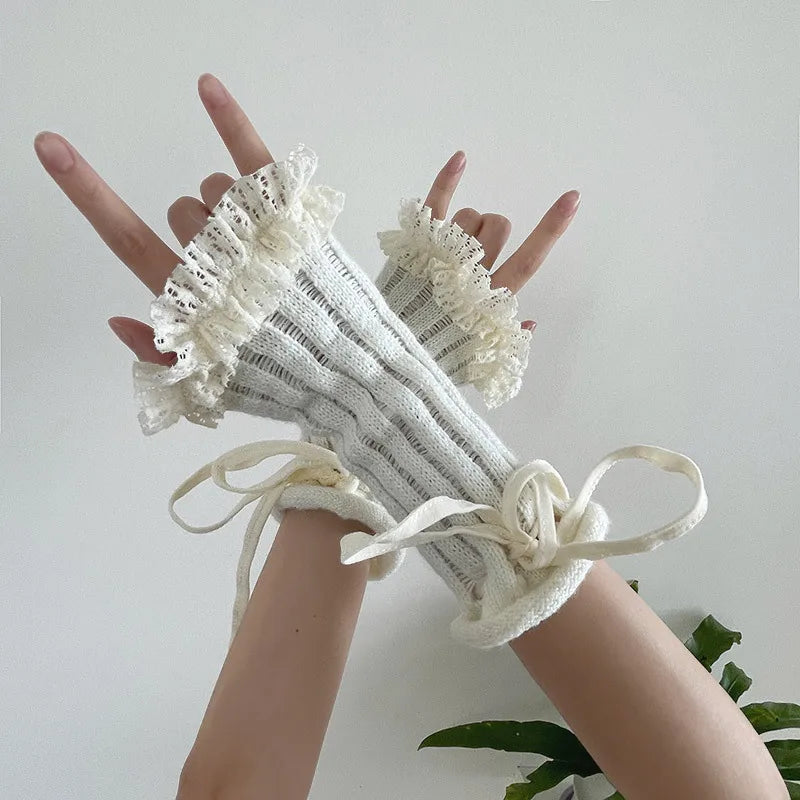 Y2K Lace Knit Fingerless Gloves with Tied Cuffs – Punk Women’s Strap Hand Sleeves, Gothic Lolita & JK Style Accessories Gloves LUNARITY GARAGE white one size 