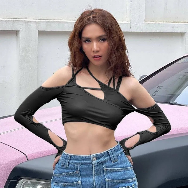 Y2K Sexy Hollow Out Long Sleeve Crop Top – Dark Street Style Camisole for Women crop top Lunarity Garage