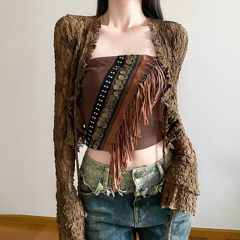 Exotic Ethnic Style Strapless Fringed Top with Metal Retro Decoration – Slim Fit Indie Folk Y2K Tank Tops LUNARITY GARAGE Set S