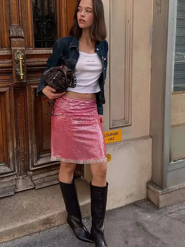Glitter Sequins Sparkling Pink Mini Skirt | High Waist Y2K Summer Casual Vacation Beachwear 2025 Skirts LUNARITY GARAGE