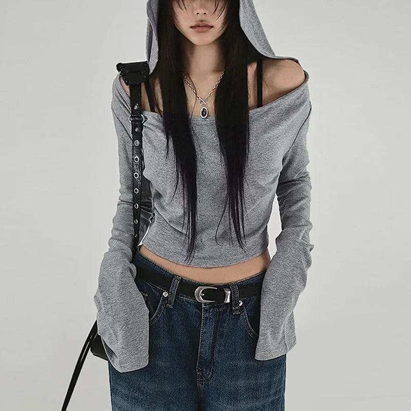 Y2K Grunge Hooded Long Sleeve Top – Slim Fit Vintage Streetwear Tops Lunarity Garage Gray S