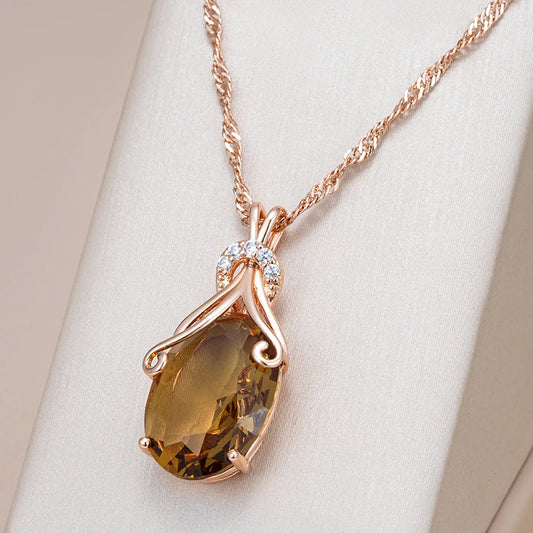 Rose Gold Big Oval Light Brown Zircon Pendant Necklace for Women necklaces LUNARITY GARAGE   