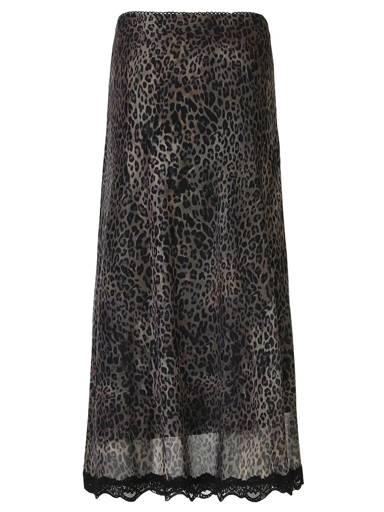 Retro Brown Leopard Y2K Long Skirt with Lace Trim for Women skirt LUNARITY GARAGE