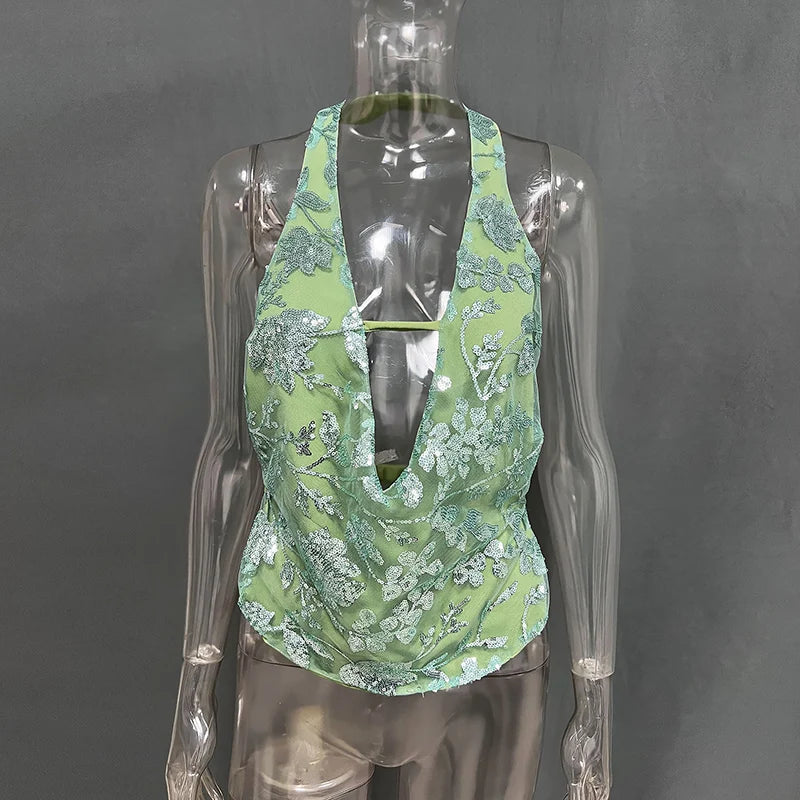 Sequin Mesh Plunge Halter Crop Top - Sexy Backless Party Tank Tank top LUNARITY GARAGE