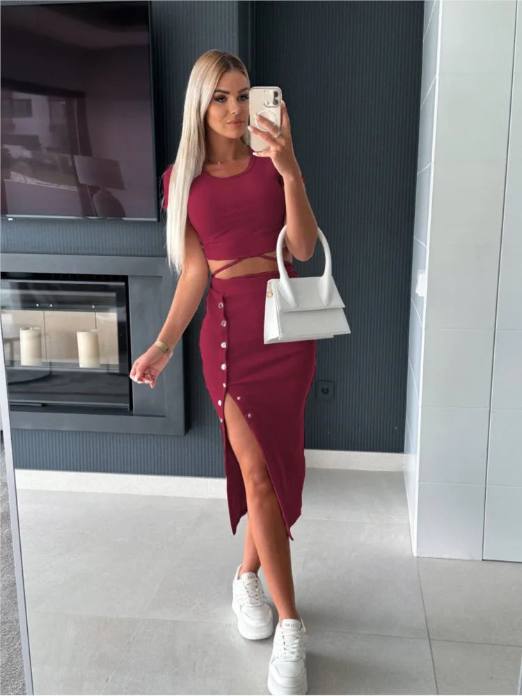 Ribbed Knit Two-Piece Set – Short Sleeve Crop Top & High-Waist Mini Skirt Clothing Set LUNARITY GARAGE