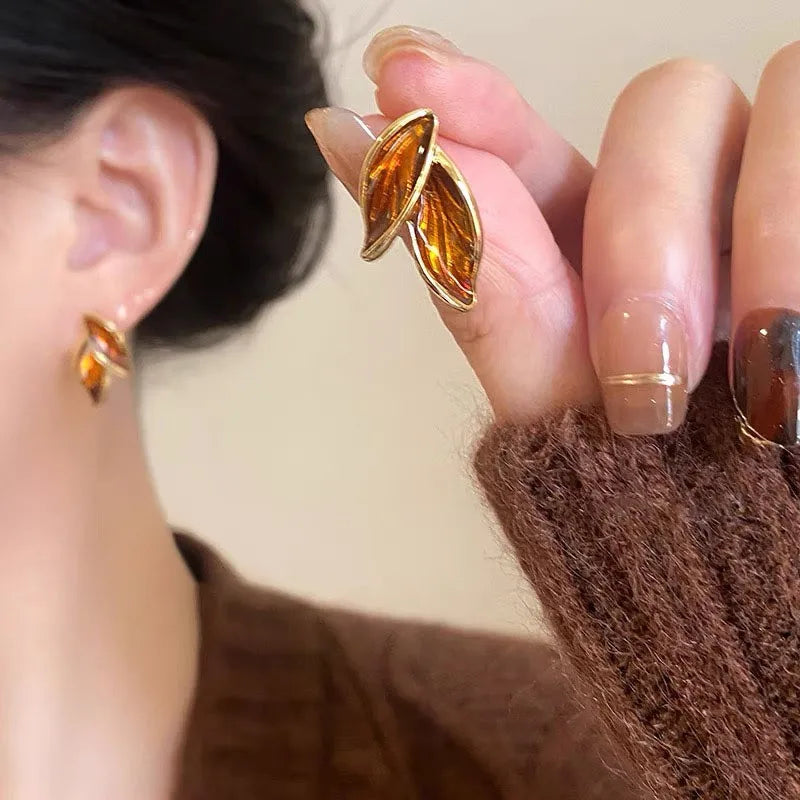 Brown Leaf Geometry Stud Earrings - Trendy Metal Plant-Inspired Push-Back Studs Earrings Lunarity Garage